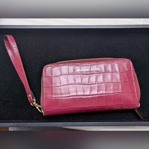 Michael Kors Croc-Embossed Wristlet Wallet - Mulberry
